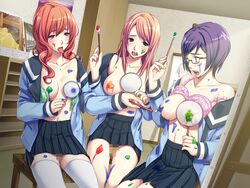 3girls blush bra bra_lift breasts censored circle_hitori clothing female female_only femsub game_cg glasses hypnosis lingerie medium_breasts mind_control multiple_girls multiple_subs open_clothes open_shirt paint paintbrush peeing pussy_juice school_uniform shirt sitting skirt small_breasts soushinjutsu_3 stockings tongue underwear