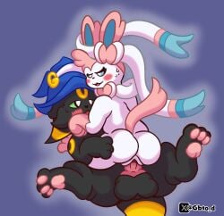 animal_genitalia animal_penis anthro black_body blue_eyes butt clothing duo eeveelution female feral generation_2_pokemon generation_6_pokemon genitals goombato_dibujos goombato_umbreon green_eyes hat headgear headwear hi_res magic_user male male/female nintendo penetration penis pink_body pokemon pokemon_(species) simple_background sylveon tail umbreon vaginal vaginal_penetration white_body wizard_hat
