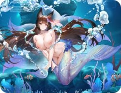 1girls amagi_(azur_lane) azur_lane big_breasts breasts brown_hair bubbles choker edit female female_only fox_ears fox_girl fox_tails hair_accessory hair_ornament heart_bubbles hearts long_hair mermaid mermaid_tail mofumochii naked_female nipples nude nude_female purple_eyes pussy ship_girl smile solo solo_female third-party_edit underwater