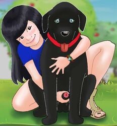 black_eyes black_hair blue_eyes blue_shirt blush canine collar grass handjob long_hair penis reach_around smile zoophilia