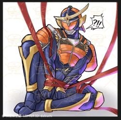 black_border mmmaao artist_name artist_signature watermark kamen_rider kamen_rider_gaim kamen_rider_gaim_(series) 1boy male male_only male_focus solo bondage tied tied_up ribbon ribbons ribbon_bondage red_ribbon bulge bodysuit bodysuit_bulge blue_bodysuit orange_armor armor armored_male blue_armor belt mask masked masked_male helmet wrists_bound wrists_tied wrists_tied_together wrists_restrained restrained_wrists tied_wrists legs_apart legs_apart_feet_together legs_spread shock speech_bubble orange_(fruit) fruit orange_eyes ribbon_tie looking_down looking_down_at_self sitting sitting_on_ground erection erection_under_bodysuit
