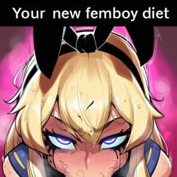 1boy ahegao ai_generated blonde_hair bustybunz crying cum cum_diet cum_drip cum_in_mouth cum_on_face deepthroat drooling eating_cum face_fuck fellatio femboy glowing_eyes gokkun irrumatio kantai_collection male oral panic semen shimakaze-kun shimakaze_(kantai_collection) stray_pubic_hair struggling tears text throat_fuck