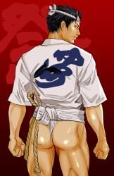 1boy absurd_res ass ass_cleavage ass_focus back_view big_ass black_hair bubble_ass bubble_butt dat_ass fundoshi gay hachimaki happi_(clothing) headband hi_res japanese_clothes looking_at_viewer looking_back male male_only manly mature_male muscles muscular muscular_ass muscular_legs muscular_male muscular_thighs neutral_expression no_visible_genitalia original original_character quadriceps red_background rokushaku_fundoshi rope saragi_domu short_hair solo standing text thick_ass very_high_resolution white_fundoshi yaoi