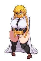 1girl black_necktie black_skirt black_thighhighs blonde_hair breasts brown_shoes cape chain chained chained_wrists collar cuffs cuffs-to-collar don_quixote_(limbus_company) gloves gold_collar highres huge_breasts index_(identity)_(project_moon) index_don_quixote jacket large_breasts limbus_company littleteze long_sleeves looking_at_viewer metal_collar necktie project_moon shirt shoes short_hair simple_background skirt solo sweat thick_thighs thighhighs thighs underwear white_background white_cape white_shirt yellow_eyes