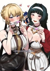 3girls after_sex ahoge astra_yao belle_(zenless_zone_zero) belt_straps big_breasts black_eyebrows black_hair black_skirt blonde_hair blue_hair blush blushing blushing_at_viewer breasts choker clothed clothed_female crown_braid embarrassed embarrassed_expression embarrassed_female evelyn_chevalier eyebrows_raised female_only furrowed_brow furrowed_eyebrows hair_ornament hairband hairclip hands_up heart hearts holding_object jacket leather leather_straps light-skinned_female light_skin long_hair looking_at_viewer looking_back male_pov mouth_open offscreen_character open_mouth pearl_necklace pointing pov pregnancy pregnancy_test purple_eyes raised_eyebrows red_eyes red_jacket ribbon short_hair simple_background skirt smiling smiling_at_viewer straps thumbs_up tie tied_hair voluptuous white_background white_dress white_shirt wise_(zenless_zone_zero) yuushiba zenless_zone_zero