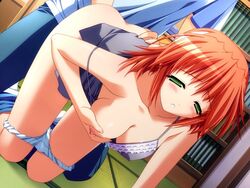 blush bra breasts game_cg green_eyes himekawa_kazumi lingerie orange_hair panties panty_pull pia_carrot_(series) sex underwear welcome_to_pia_carrot_g.o.