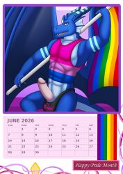 anthro bottomless clothed clothing dragon dregna dregna_(character) erection european_mythology exhibitionism hi_res lgbt_pride lgbt_pride_month male male_only muscular mythological_creature mythological_scalie mythology presenting pride_color_flag pride_colors public scalie shirt solo tank_top topwear underwear western_dragon