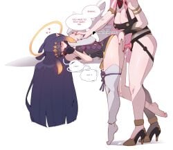 2girls absurdres bent_over blunt_bangs blush breasts cleavage commentary detached_sleeves diamond_hairband dildo dress english_commentary english_text frantic_(frantickohi) gradient_hair halo halo_behind_head heart highres hololive hololive_english large_breasts long_hair mori_calliope mori_calliope_(1st_costume) multicolored_hair multiple_girls ninomae_ina'nis ninomae_ina'nis_(1st_costume) paid_reward_available patreon_username pink_hair pointy_ears purple_hair pussy_juice sex sex_from_behind sex_toy simple_background single_detached_sleeve speech_bubble strap-on strapless strapless_dress tentacle_hair tube_dress very_long_hair virtual_youtuber white_background yuri