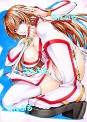 1girls big_breasts breasts breasts_out brown_eyes brown_hair dead_or_alive exposed_breasts female female_only kasumi_(doa) large_breasts long_hair maruto_(marutohonpo) panties pantyshot ponytail sideboob thighhighs underwear white_panties white_thighhighs white_underwear yqgkg pantyshot_(kneeling)
