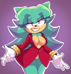 anthro areola bottomless breasts breezie_the_hedgehog breezie_the_hedgehog_(archie) cleavage clothed clothing countershade_torso countershading eulipotyphlan exposed_breasts eyeshadow female flaresg_art genitals gloves green_body hair handwear hedgehog hi_res highlights_(coloring) innie_vulva jacket lipstick long_hair makeup mammal nipple_outline nipples open_clothing open_jacket open_topwear purple_eyes purple_eyeshadow sega smile solo sonic_(series) sonic_the_hedgehog_(archie) sonic_the_hedgehog_(comics) sonic_the_hedgehog_(series) teeth topwear vulva