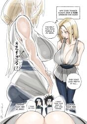 2boys absurdres ass blonde_hair blue_pants breasts cleavage commentary embarrassed english_commentary female_pov from_side grey_kimono hagane_kotetsu half-closed_eyes highres huge_breasts japanese_clothes kamizuki_izumo kimono multiple_boys multiple_views naruto naruto_(series) milf ohkohaku pants pov pov_breasts sideboob sleeveless standing sweat tsunade voluptuous