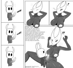 2026 2_horns 6_panel_comic absurd_res areola arthropod balls bananapantsu8 big_breasts biped black_eyes black_text bodily_fluids breasts comic dialogue duo ellipsis empty_eyes english_text erection exclamation_point eyebrows eyelashes eyes_closed female genital_fluids genitals glans hands_behind_head hi_res hollow_eyes hollow_knight_(franchise) horn hornet_(hollow_knight) humanoid_genitalia humanoid_penis incest looking_at_another male male/female monochrome motion_lines nipples nude penis precum protagonist_(hollow_knight) question_mark simple_background sitting sound_effects speech_bubble standing sweat sweatdrop talking_to_another team_cherry text the_knight_(hollow_knight) vein veiny_penis vessel_(species)