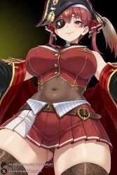 1girl houshou_marine solo breasts eyepatch virtual_youtuber hat red_hair twintails thighhighs pirate_hat large_breasts covered_navel skirt looking_at_viewer ass_visible_through_thighs from_below smile blush long_hair see-through_leotard thighs leotard belt pleated_skirt see-through thick_thighs red_skirt red_eyes leotard_under_clothes ribbon coat black_thighhighs bare_shoulders bangs hair_ribbon off_shoulder yellow_eyes bicorne hololive vtuber unjobdespiert ai_generated 1female curvy huge_breasts huge_ass big_breasts big_ass 1girls 2026 artist_name watermark hi_res highres high_quality high_resolution patreon_username patreon