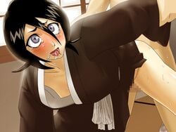 1boy 1girls ahe_gao arm_grab bent_over black_hair bleach blush breasts censored clothed_sex clothing cum doggy_style down_blouse drooling faceless_male female flat_chest fucked_silly game_cg grey_eyes japanese_clothes kuchiki_rukia male maten nipples no_bra open_clothes open_mouth saliva sex solo_focus sweat tears