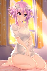 1girls barefoot big_ass clothing cpu_(neptunia) d-pad d-pad_hair_ornament feet goddess hair_ornament hands_on_belly happy helvetica_std husband_and_wife married mother neptune_(neptunia) neptunia_(series) pregnant purple_eyes purple_hair ring small_breast small_breasts smile tagme video_games wholesome