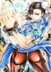 1girls ass ass_focus big_breasts blue_panties blue_underwear breasts brown_hair chun-li female large_breasts maruto_(marutohonpo) panties pantyhose street_fighter street_fighter_6 street_fighter_ii street_fighter_v traditional_media_(artwork) underwear yqgkg
