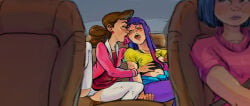 after_kiss brown_hair eyes_closed fondling_breast glitch_techs incest julesartstash kissing mayumi_kubota miko_kubota mother mother_and_daughter nica_kubota panties purple_hair saliva_trail siblings sisters spread_legs voyeur yuri