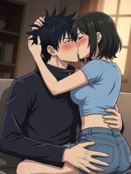 1boy 1girls ai-created ai_art ai_generated big_ass blushing fushiguro_megumi girl_on_top horny jujutsu_kaisen kissing original_character seductive_female sexy_female sitting_on_lap slim_male touching_ass