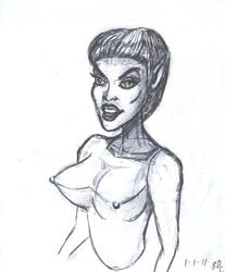 2011 alien becdecorbin female greyscale mop_top nude pointy_ears sketch star_trek star_trek_enterprise t'pol text vulcan_(species)