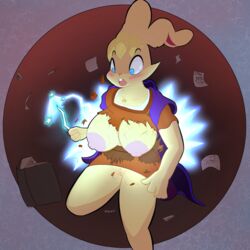 2018 bianca_(spyro) big_breasts blonde_hair blue_eyes bottomless breasts buckteeth cape cloak clothed clothing female fur hair hi_res ikkykrrk lagomorph magic magic_wand mammal nipples no_underwear nude open_mouth pussy pussy_juice rabbit spyro_the_dragon tan_fur teeth torn_clothing video_games wand