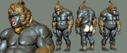 3d_(artwork) anthro ass beard belly digital_media_(artwork) facial_hair haplorhine hi_res justgruff male mammal mandrill monkey muscular navel nipples nude old_world_monkey pecs primate solo standing