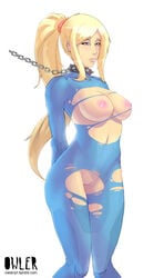 1girls arms_behind_back blonde_hair bodysuit breasts chain chains clothes collar color female female_only female_protagonist femsub hair human large_breasts leash metroid nintendo nipples owler pixiv_manga_sample ponytail pussy samus_aran simple_background solo taut_leash tied_hair torn_clothes url website white_background zero_suit zero_suit_samus