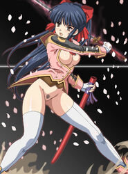 1girls areolae blue_hair bodysuit bottomless bow breasts breasts_out brown_eyes cherry_blossoms clothing female female_only fingerless_gloves goldmund hair_ribbon long_hair medium_breasts nipples no_bra ponytail pubic_hair pussy sakura_shinguji sakura_wars sega solo stockings sword thighhighs weapon