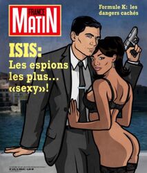 1boy 1girls archer_(series) artist_request ass black_hair blue_eyes bra dark-skinned_female dark_hair dark_skin earrings female french_text gun hoop_earrings interracial lana_kane male sterling_archer tagme