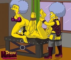 1boy 2girls drawn-hentai female female/male female_penetrating female_penetrating_male human male male_penetrated ned_flanders patty_bouvier pegging selma_bouvier strap-on strapon the_simpsons