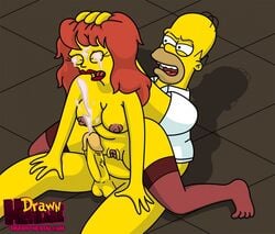 20th_century_studios accurate_art_style breasts chubby clothes color cum cum_on_face drawn-hentai female homer_simpson human indoors male mindy_simmons nipples nude penis reverse_cowgirl_position sitting straight tagme testicles the_simpsons vulva yellow_body yellow_skin