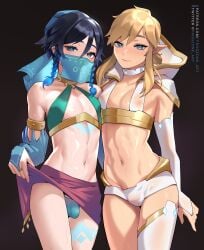 2boys blonde_hair blush crossover femboy frogzone frogzone_art genshin_impact gerudo gerudo_link gerudo_link_(cosplay) gerudo_veil girly high_resolution hylian link looking_at_viewer male_only nintendo pointy_ears simple_background standing the_legend_of_zelda thighs trap twin_braids venti_(genshin_impact) venti_(genshin_impact)_(cosplay)