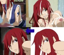 1girls breasts cleavage cum cum_on_breasts cum_on_face erza_scarlet fairy_tail female nipples red_hair_over_one_eye tagme