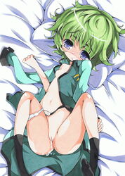 1girls 2d belly blue_eyes blush breasts cum green_hair gundam gundam_00 hilling_care pussy solo tagme