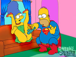 blue_hair color cosplay curly_hair dc female hair homer_simpson human indoors long_hair male marge_simpson online_superheroes skin straight superman_(cosplay) superman_(series) the_simpsons yellow_skin