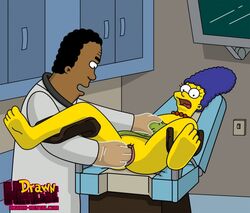 blue_hair breasts brown_skin color curly_hair dark-skinned_male dark_skin drawn-hentai exposed_breasts female fingering hair human indoors interracial julius_hibbert long_hair male marge_simpson skin straight the_simpsons yellow_skin