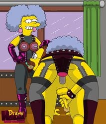 1boy 2girls drawn-hentai female female/male female_penetrating female_penetrating_male handjob_while_penetrating human male male_penetrated ned_flanders patty_bouvier pegging selma_bouvier strap-on strapon the_simpsons