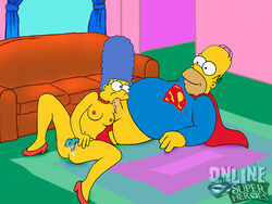 blue_hair color cosplay curly_hair dc fellatio female hair homer_simpson human indoors long_hair male marge_simpson online_superheroes oral skin straight superman_(cosplay) superman_(series) the_simpsons yellow_skin