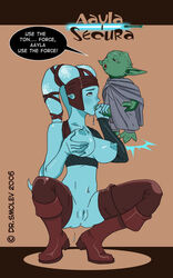 1girls 2006 aayla_secura blue_skin drsmolev female green_skin interspecies jedi male oral penis smolev star_wars text twi'lek yoda yoda's_species