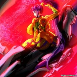 ass backboob blunt_bangs breasts cockpit curvy eiken entry_plug female gigantic_breasts hand_in_own_hair huge_ass keigi_(artist) kirika_misono long_hair looking_at_viewer misono_kirika neon_genesis_evangelion pilot_suit plugsuit ponytail purple_eyes purple_hair red_theme science_fiction sideboob sidelocks sitting solo thick_thighs thighs very_long_hair