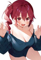 1girls ai-assisted ai_generated alternate_hairstyle bare_shoulders black_sweater blush breasts cleavage collarbone drill_hair en_tame_chika_mo_mina kasane_teto large_breasts long_sleeves medium_hair off-shoulder_sweater open_mouth paw_pose red_eyes red_hair simple_background sleeves smile smug solo sweater thighs utau white_background