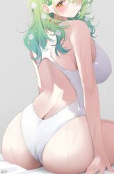 1girls 2d artist_name ass big_ass big_breasts blush breasts ceres_fauna curvy deyui earrings female female_only flower flower_in_hair green_hair hololive hololive_english hololive_english_-council- hololive_english_-promise- large_breasts long_hair looking_at_viewer looking_back mole mole_under_eye one_piece_swimsuit simple_background sitting smile solo swimsuit virtual_youtuber voluptuous vtuber wet wet_body white_swimsuit yellow_eyes