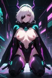 ai_generated breasts cape cyberpunk detached_sleeves gloves horns indie_virtual_youtuber kneeling medium_breasts motherv3 nipples non-web_source science_fiction thigh_gap thighhighs torn_clothes virtual_youtuber white_hair