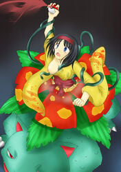 black_hair breasts clothes color erika_(pokemon) female hair holding human imminent_death interspecies kurocaze nintendo nipples one_breast_out plant_vore pokémon_(species) poke_ball pokemon pokemon_(species) pokemon_rgby pokephilia size_difference tagme venusaur vore