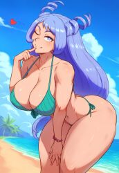 abs ai_generated arched_back bare_legs bare_thighs beach bent_over bikini bimbo blue_eyes blue_hair cleavage cowboy_shot curvy hand_on_mouth hand_on_thigh huge_ass huge_breasts krystalizedart long_hair looking_at_viewer low_tied_hair my_hero_academia narrow_waist nejire_hado one_eye_closed pinup pointing pointing_at_self pose posing revealing_clothes smile smirk smirking smirking_at_viewer solo solo_female solo_focus straight_hair string_bikini thick_eyelashes thick_lips thick_thighs water wink winking winking_at_viewer