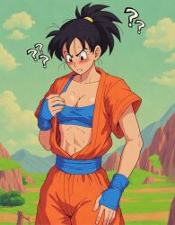 abs ai_generated confused_look dragon_ball dragon_ball_z fully_clothed genderswap_(mtf) goku groping_breasts martial_arts_uniform rule_63 sfw son_goku sports_bra stomach transformation transformed_female upset