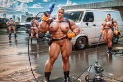 4girls abs absurd_res ai_generated ass back_muscles biceps big_ass big_breasts blonde_hair blurry_background boots breasts broad_shoulders brown_hair carwash casual_nudity city depth_of_field female female_only gloves hair_tied harness hose knoworai mud muscles muscular muscular_arms muscular_female muscular_thighs naked navel nipples nude outdoors puddle pussy realistic stable_diffusion thick_thighs tools truck_(vehicle) van water working working_naked