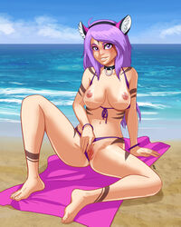 animal_ears arm_support barefoot beach bikini bikini_aside blue_sky bracelet breasts breasts_out choker collar fox_ears humanized long_hair looking_at_viewer navel nipple_piercing nipples original outdoors pablocomics parted_lips presenting purple_bikini purple_eyes purple_hair pussy sand selene_leni sitting smile swimsuit tanline tattoo towel water