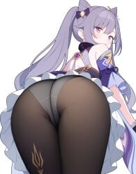 absurdres ass ass_focus bent_over black_panties brown_pantyhose cone_hair_bun detached_sleeves double_bun female frills from_behind genshin_impact hair_bun hair_ornament highres jyt keqing_(genshin_impact) long_hair looking_back panties pantyhose purple_eyes purple_hair simple_background solo twintails underwear very_long_hair vision_(genshin_impact) white_background