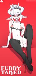 1girls blush bra_down female female_focus female_only furry goat_lucifer_(helltaker) helltaker krokobyaka looking_at_viewer lucifer_(helltaker) panties_around_leg red_eyes solo solo_female solo_focus white_fur white_hair