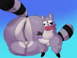 1boy anthro ass balls bandana big_ass big_butt black_body black_fur blue_background bottom_heavy cheek_tuft elchilenito erection facial_tuft fangs femboy fur genitals grey_body grey_fur half-closed_eyes hi_res huge_butt huge_thighs humanoid_genitalia humanoid_penis indigo_park kerchief male male_only mammal markings narrowed_eyes neckerchief open_mouth open_smile pear-shaped_figure penis plump_thighs procyonid purple_body purple_fur raccoon rambley_(indigo_park) simple_background smile solo striped_markings striped_tail stripes tail tail_markings teeth thick_thighs tuft vein veiny_penis wide_hips